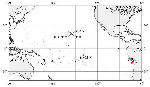 検潮所と震央の位置の図