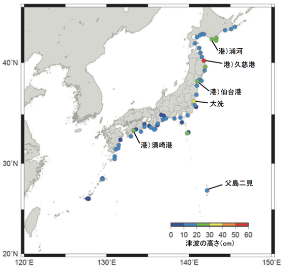 各津波観測施設で観測した津波の最大の高さ（津波を観測した地点のみ表示）