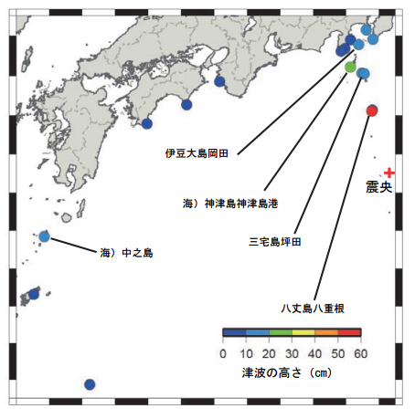 各津波観測施設で観測した津波の最大の高さ（津波を観測した地点のみ表示）