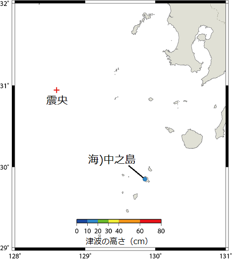 各津波観測施設で観測した津波の最大の高さ（津波を観測した地点のみ表示）