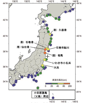 各津波観測施設で観測した津波の最大の高さ（津波を観測した地点のみ表示）