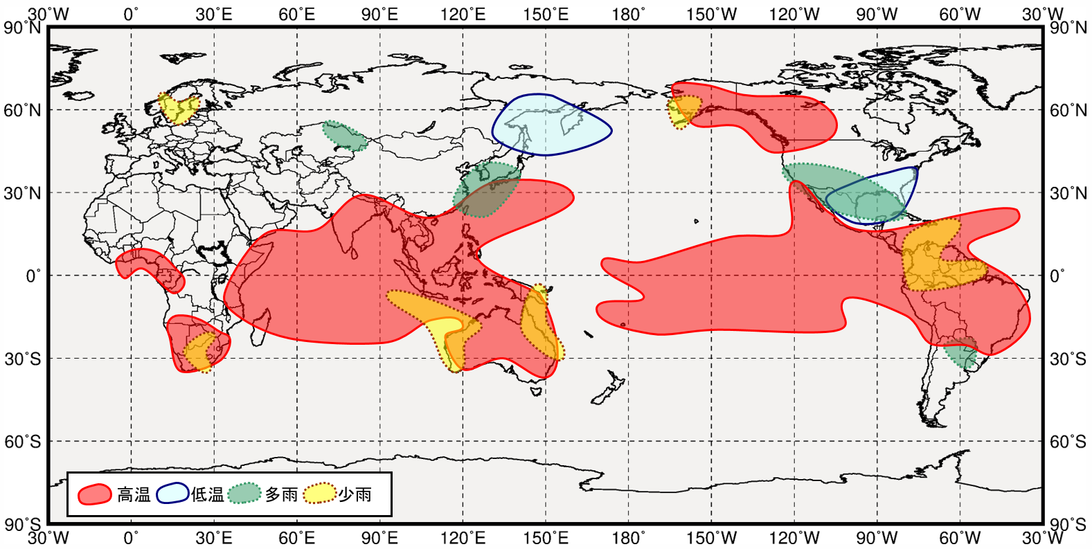 エルニーニョ現象発生時の世界の１２月から２月にかけての気温と降水量の傾向の分布図