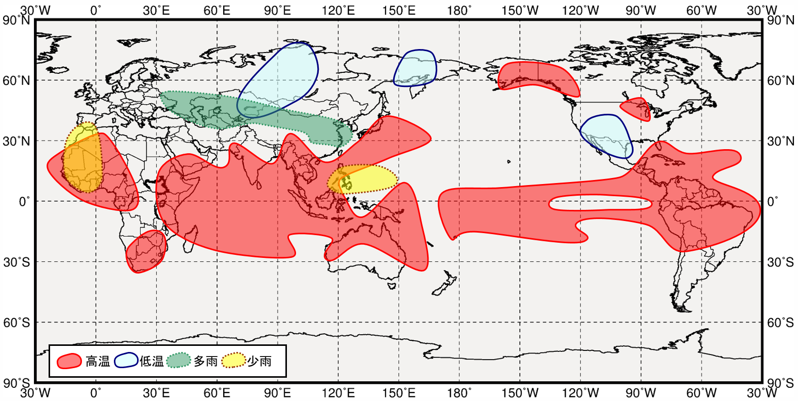 インド洋熱帯域が高温時の世界の３月から５月にかけての気温と降水量の傾向の分布図
