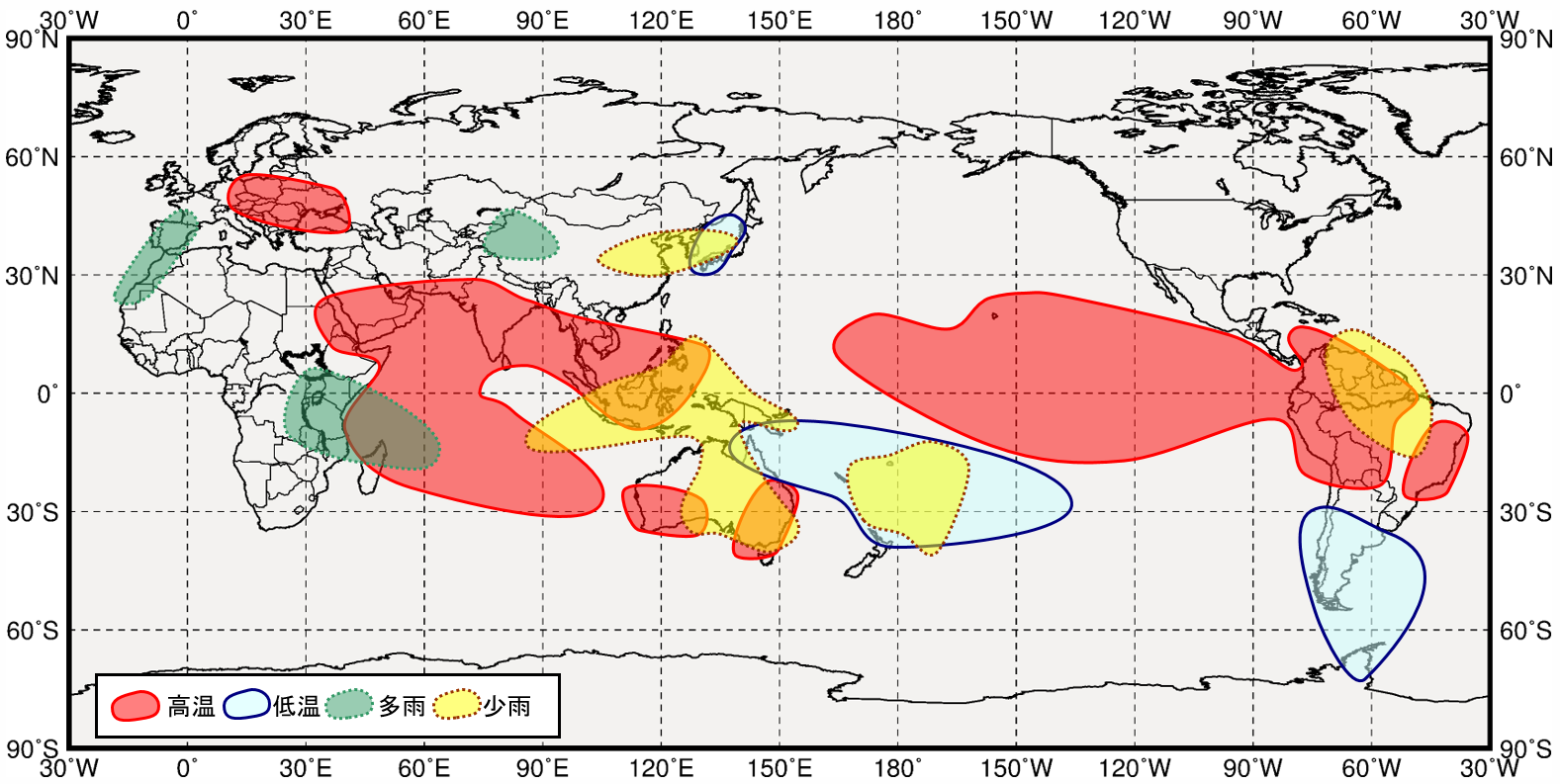 インド洋熱帯域が高温時の世界の９月から１１月にかけての気温と降水量の傾向の分布図