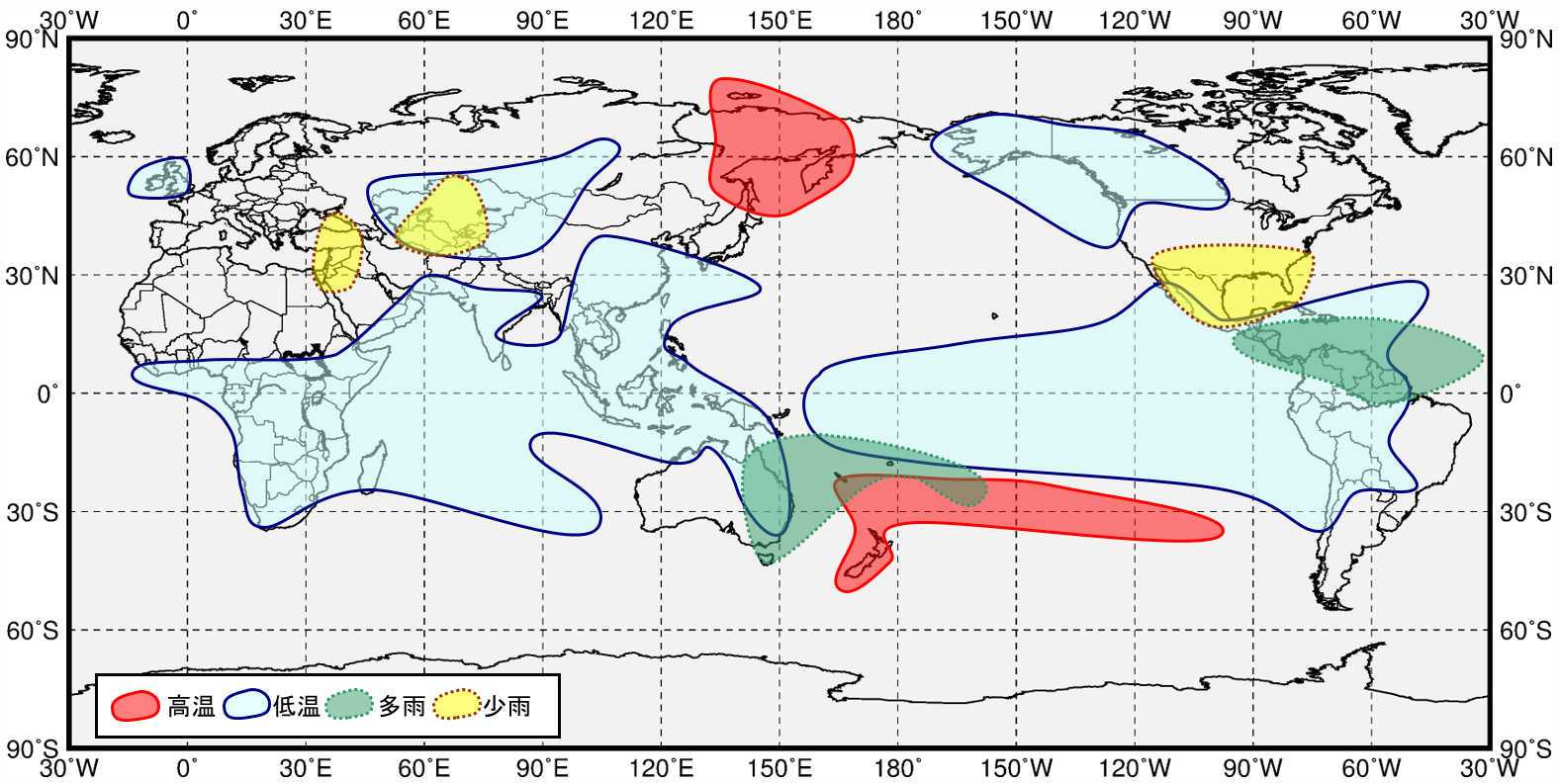 ラニーニャ現象発生時の世界の１２月から２月にかけての気温と降水量の傾向の分布図