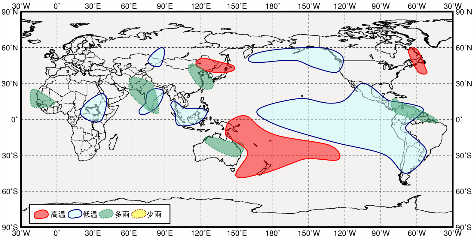 ラニーニャ現象発生時の世界の６月から８月にかけての気温と降水量の傾向の分布図