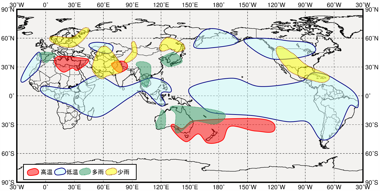 ラニーニャ現象発生時の世界の３月から５月にかけての気温と降水量の傾向の分布図
