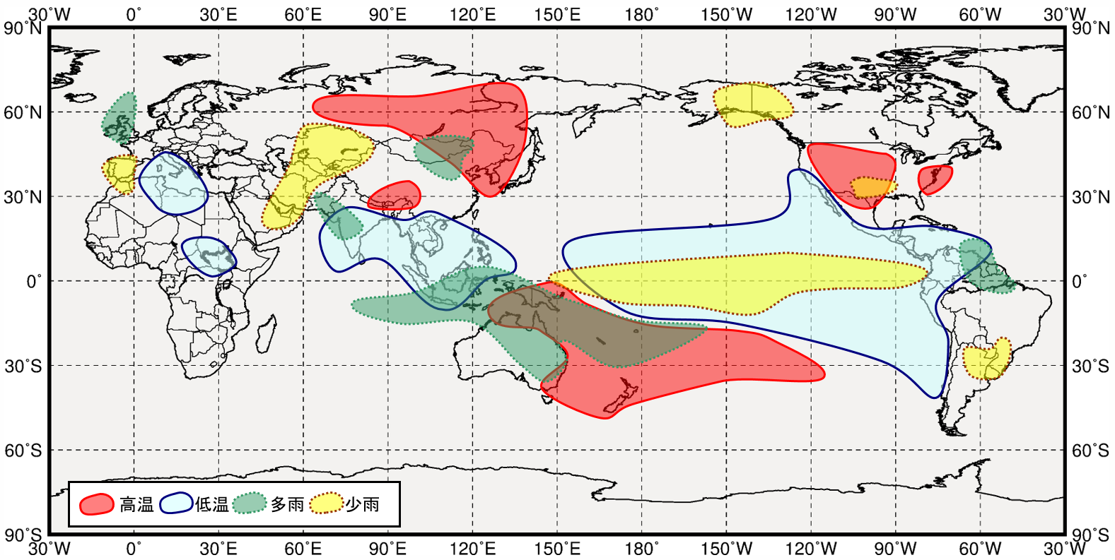 ラニーニャ現象発生時の世界の９月から１１月にかけての気温と降水量の傾向の分布図