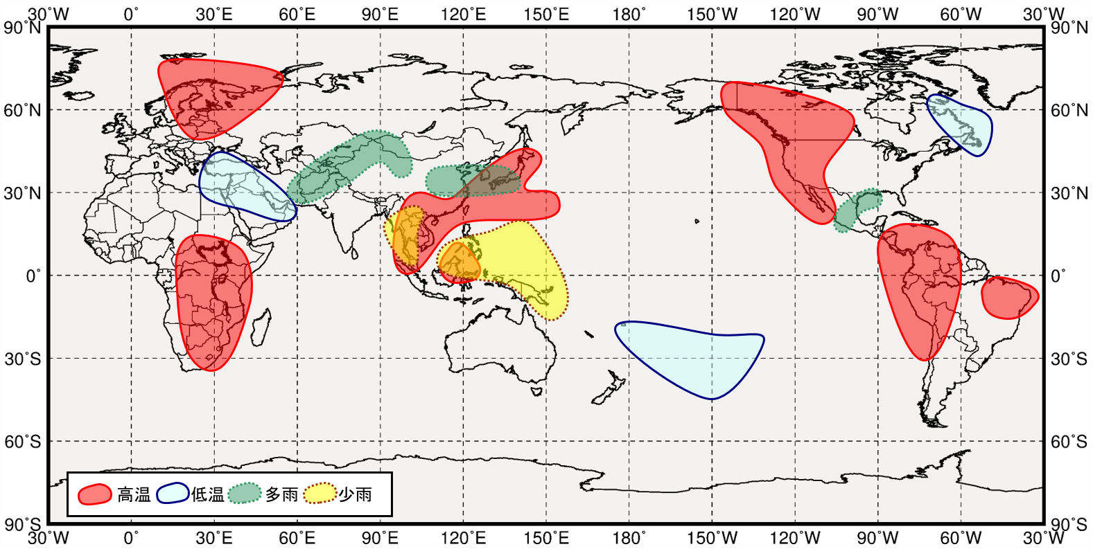 西太平洋熱帯域が低温時の世界の３月から５月にかけての気温と降水量の傾向の分布図