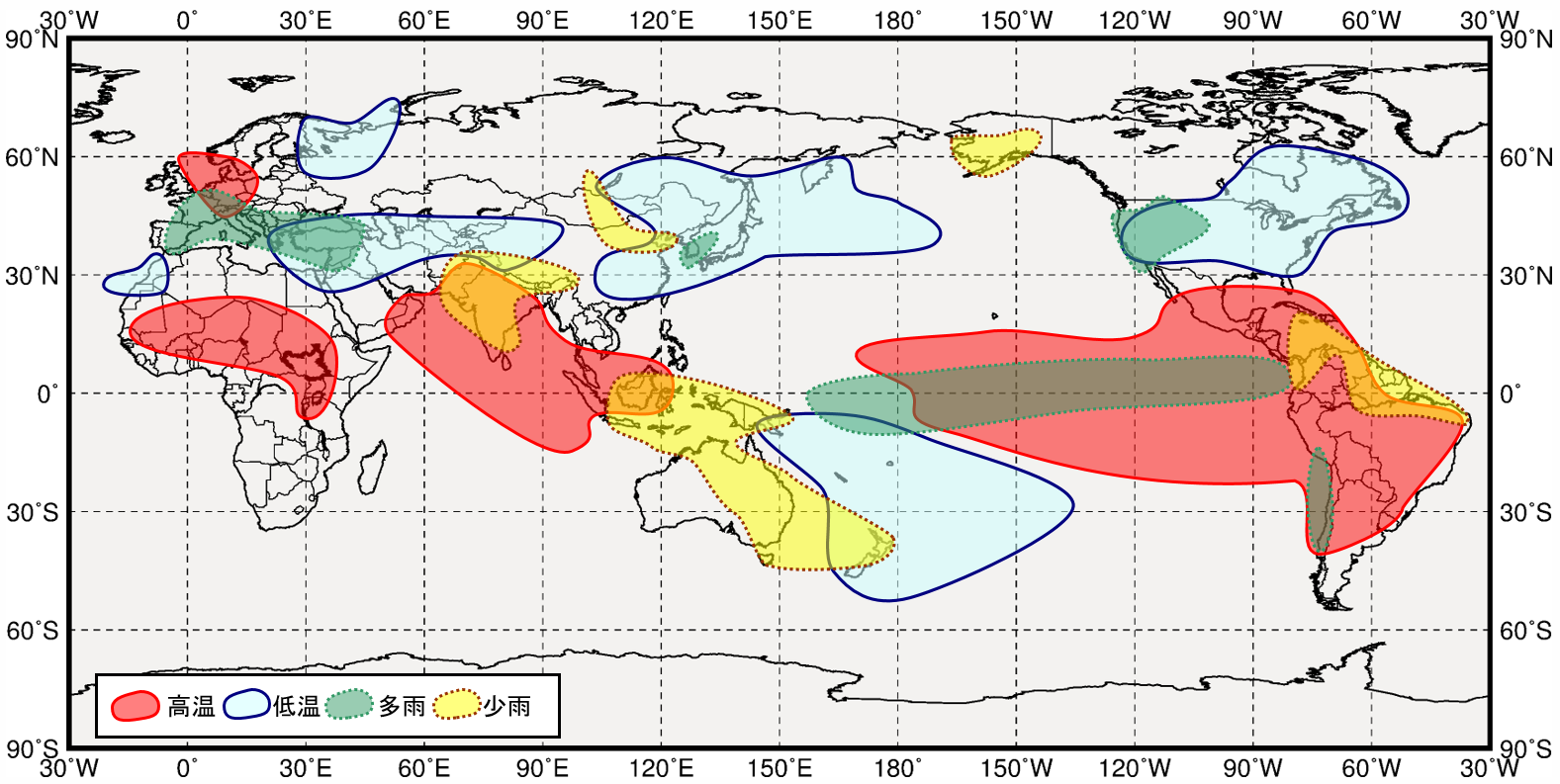 エルニーニョ現象発生時の世界の６月から８月にかけての気温と降水量の傾向の分布図