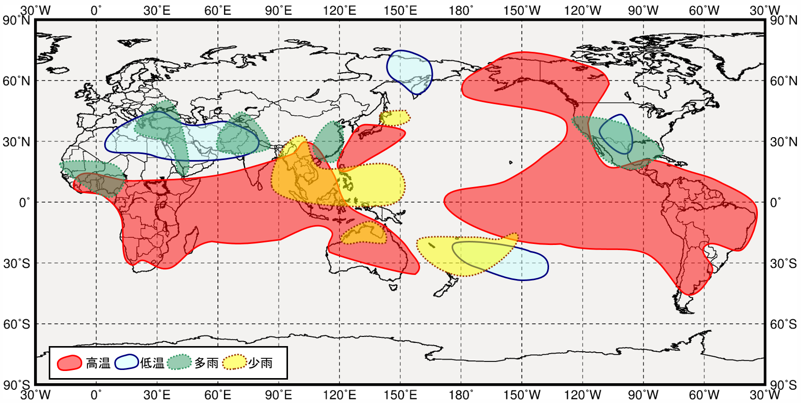 エルニーニョ現象発生時の世界の３月から５月にかけての気温と降水量の傾向の分布図
