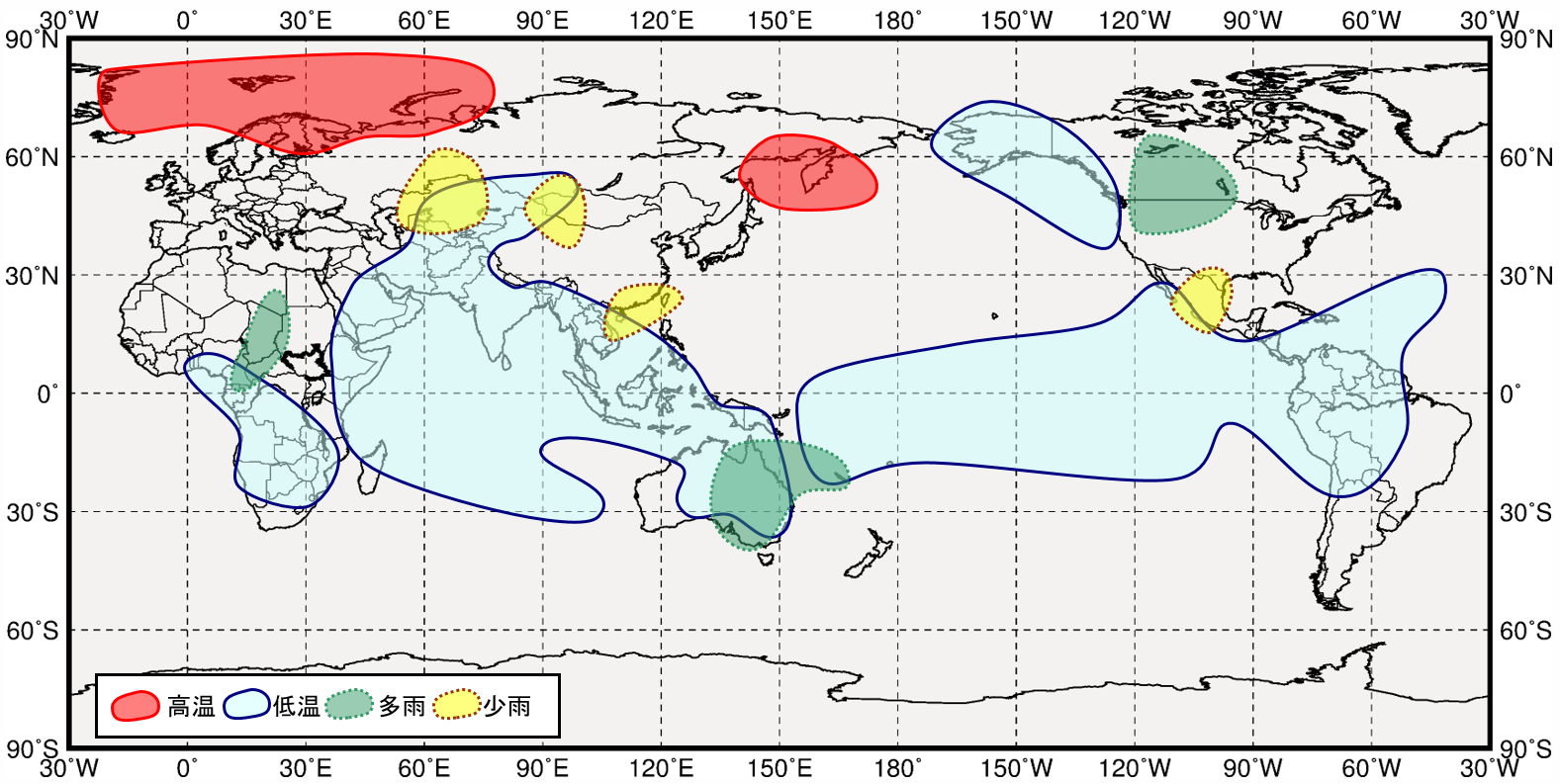 インド洋熱帯域が低温時の世界の１２月から２月にかけての気温と降水量の傾向の分布図