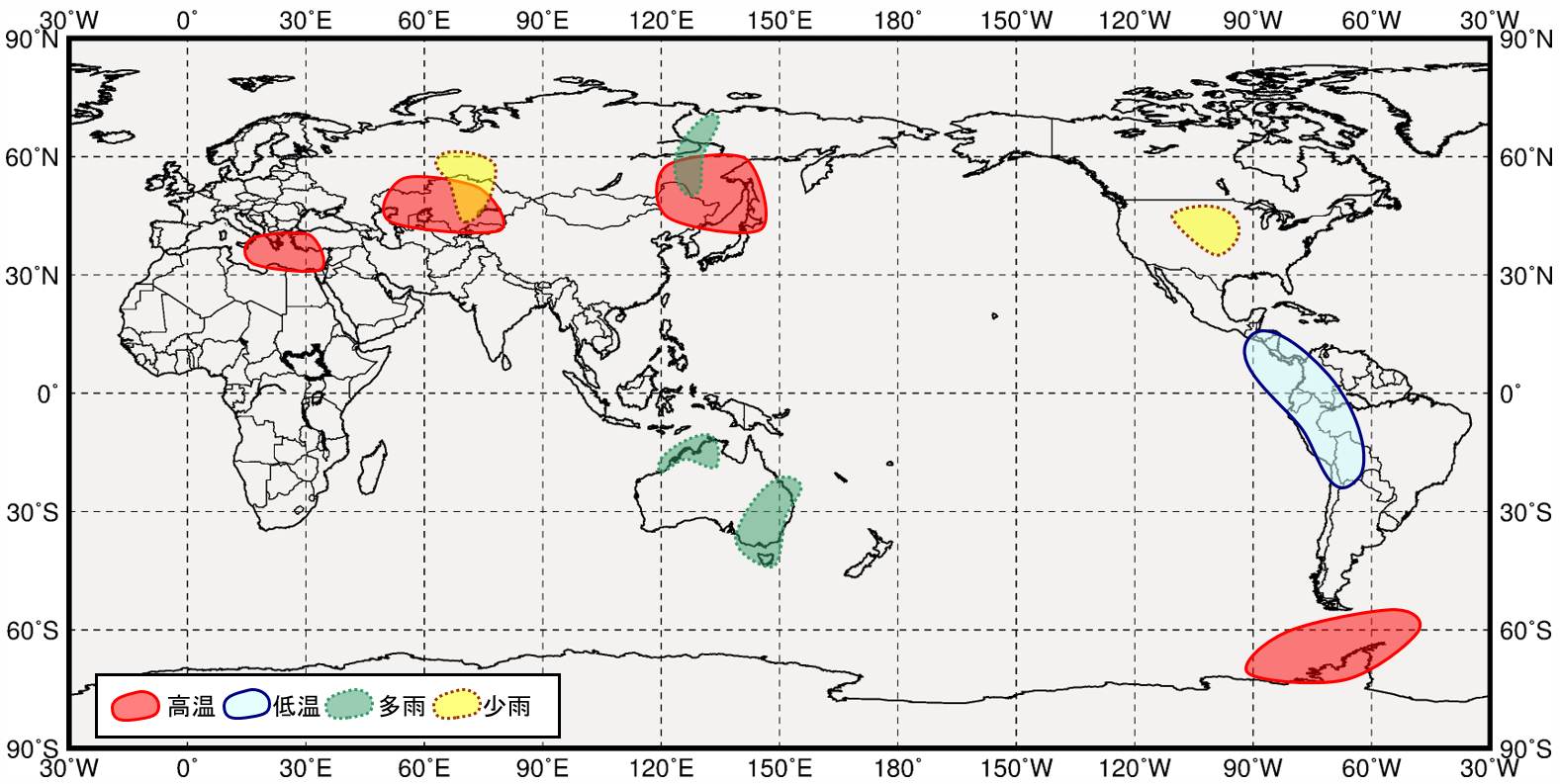 インド洋熱帯域が低温時の世界の６月から８月にかけての気温と降水量の傾向の分布図