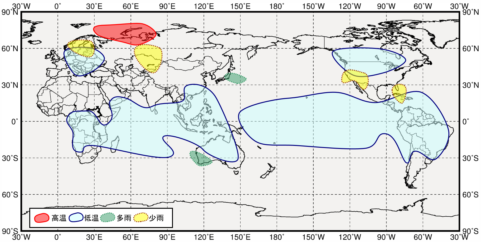 インド洋熱帯域が低温時の世界の３月から５月にかけての気温と降水量の傾向の分布図