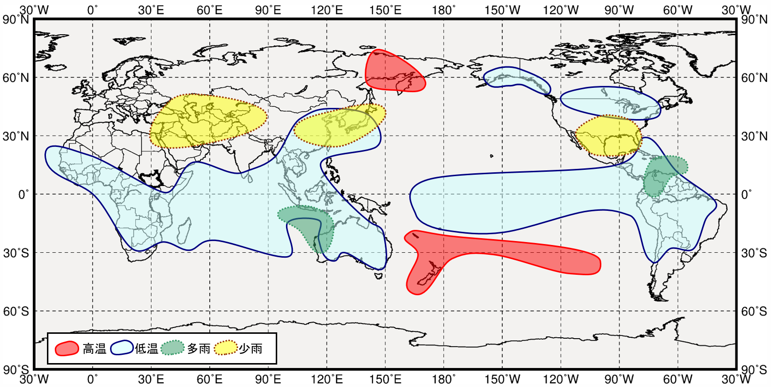 西太平洋熱帯域が高温時の世界の１２月から２月にかけての気温と降水量の傾向の分布図