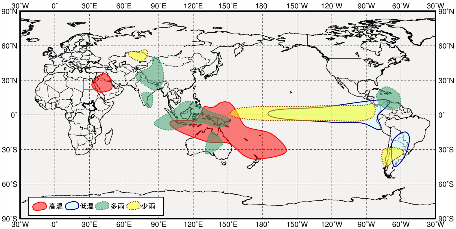 西太平洋熱帯域が高温時の世界の６月から８月にかけての気温と降水量の傾向の分布図
