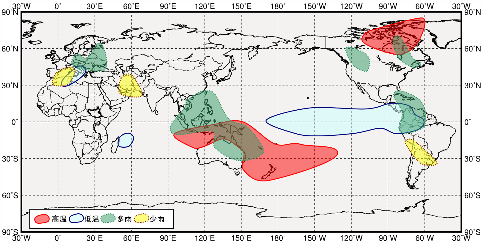西太平洋熱帯域が高温時の世界の９月から１１月にかけての気温と降水量の傾向の分布図