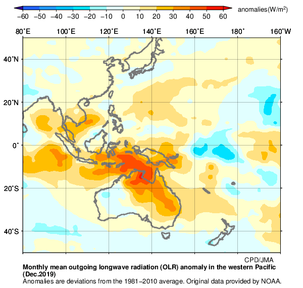 月平均外向き長波放射量(OLR)偏差分布図