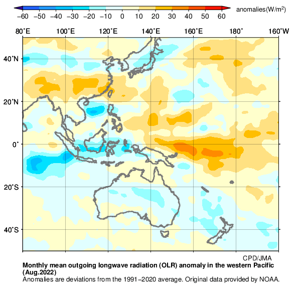 月平均外向き長波放射量(OLR)偏差分布図