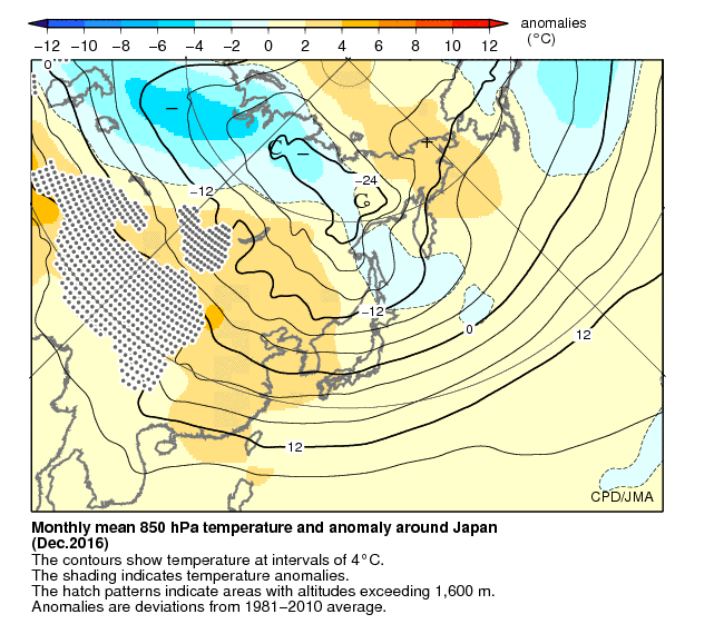 月平均850hPa気温・偏差分布図