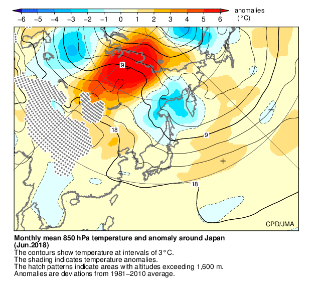 月平均850hPa気温・偏差分布図