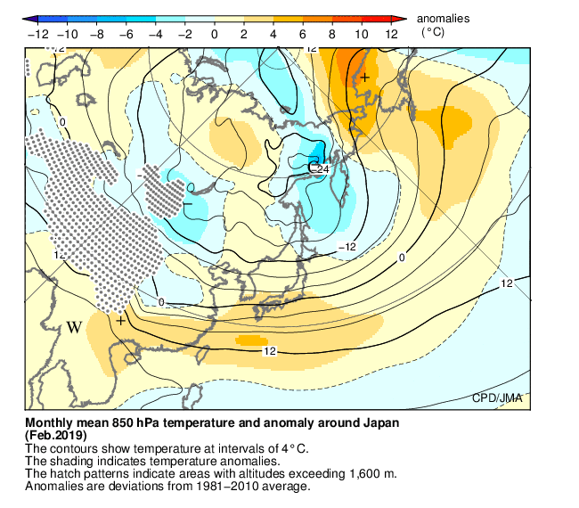 月平均850hPa気温・偏差分布図