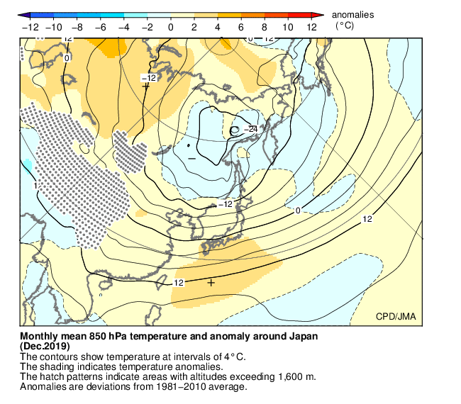 月平均850hPa気温・偏差分布図