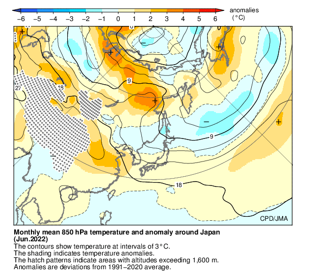 月平均850hPa気温・偏差分布図