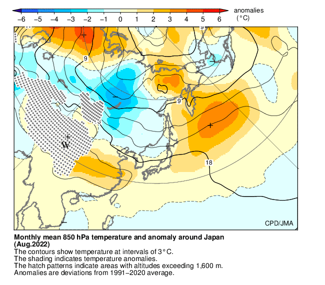 月平均850hPa気温・偏差分布図