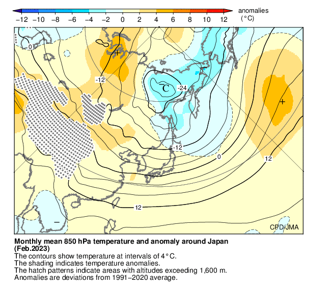 月平均850hPa気温・偏差分布図