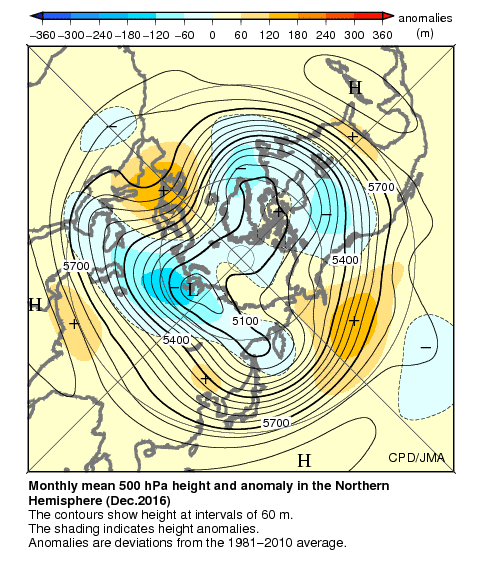 月平均500hPa高度・偏差分布図