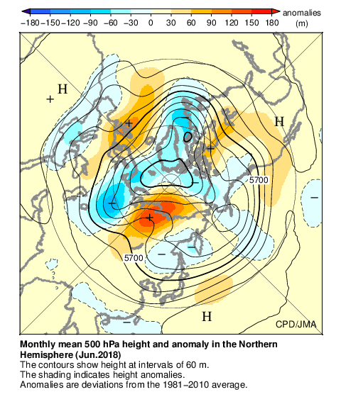 月平均500hPa高度・偏差分布図