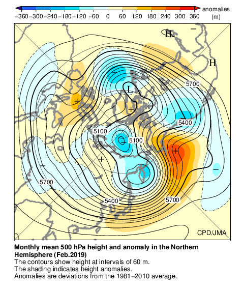 月平均500hPa高度・偏差分布図
