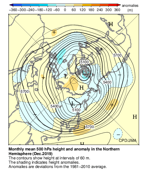 月平均500hPa高度・偏差分布図