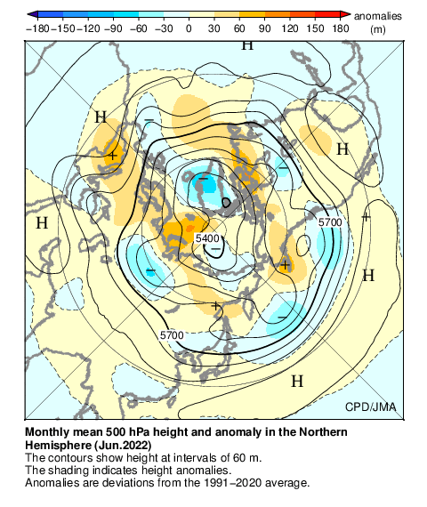 月平均500hPa高度・偏差分布図
