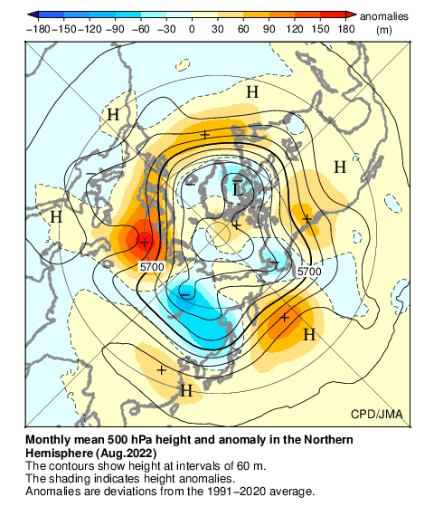 月平均500hPa高度・偏差分布図