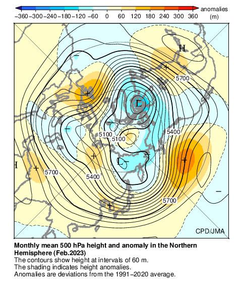 月平均500hPa高度・偏差分布図