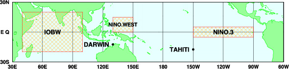 NINO.3, NINO.WEST, IOBW 各海域の図