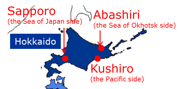 Location of Sapporo City, Abashiri City, and Kushiro City