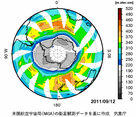 2011年9月12日の南半球オゾン全量分布図