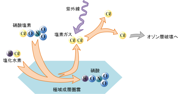 南極オゾンホールでのオゾン破壊