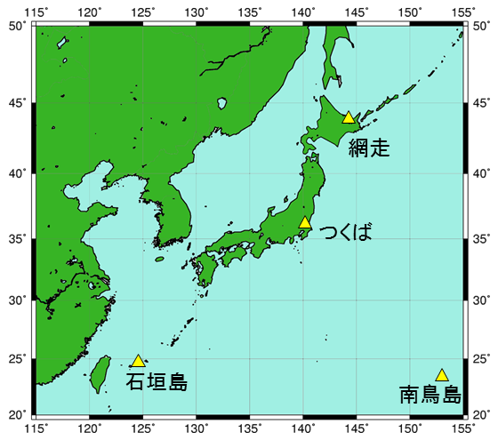 日射放射観測網(平成22年3月31日現在) 日射放射観測網(平成22年3月31日現在)