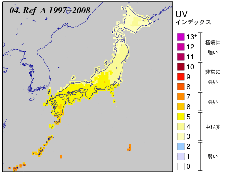 日最大UVインデックス(推定値）の月別累年平均値全国分布図