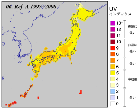 日最大UVインデックス(推定値）の月別累年平均値全国分布図