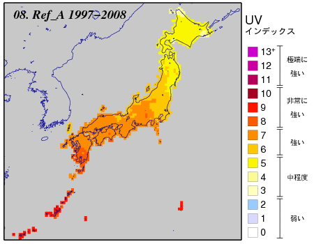 日最大UVインデックス(推定値）の月別累年平均値全国分布図