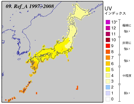 日最大UVインデックス(推定値）の月別累年平均値全国分布図