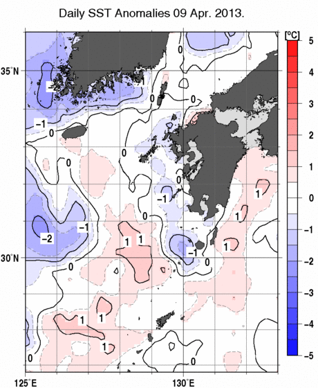 九州・山口県周辺海域の海面水温偏差分布図（4月9日）