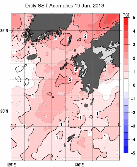 九州・山口県周辺海域の海面水温偏差分布図（6月19日）