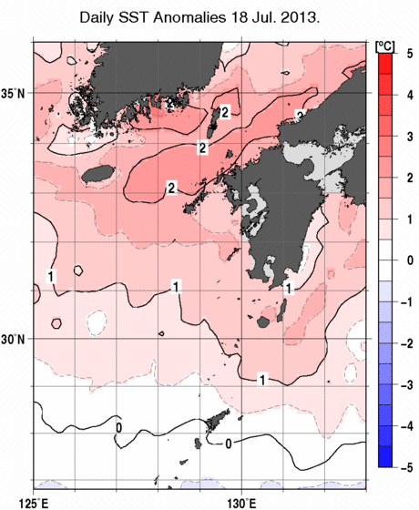 九州・山口県周辺海域の海面水温偏差分布図（7月18日）