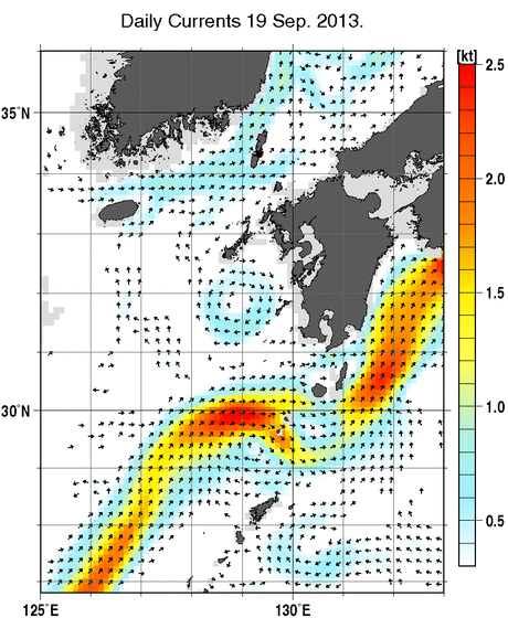 九州・山口県周辺海域の深さ50mの海流分布図（9月19日）